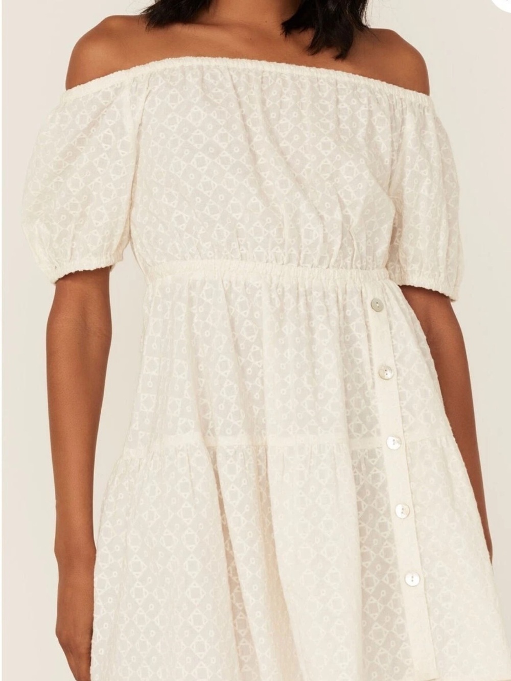 Shyanne Off White Geometric Eyelet Off the Shoulder Dress Size M 100% Cotton